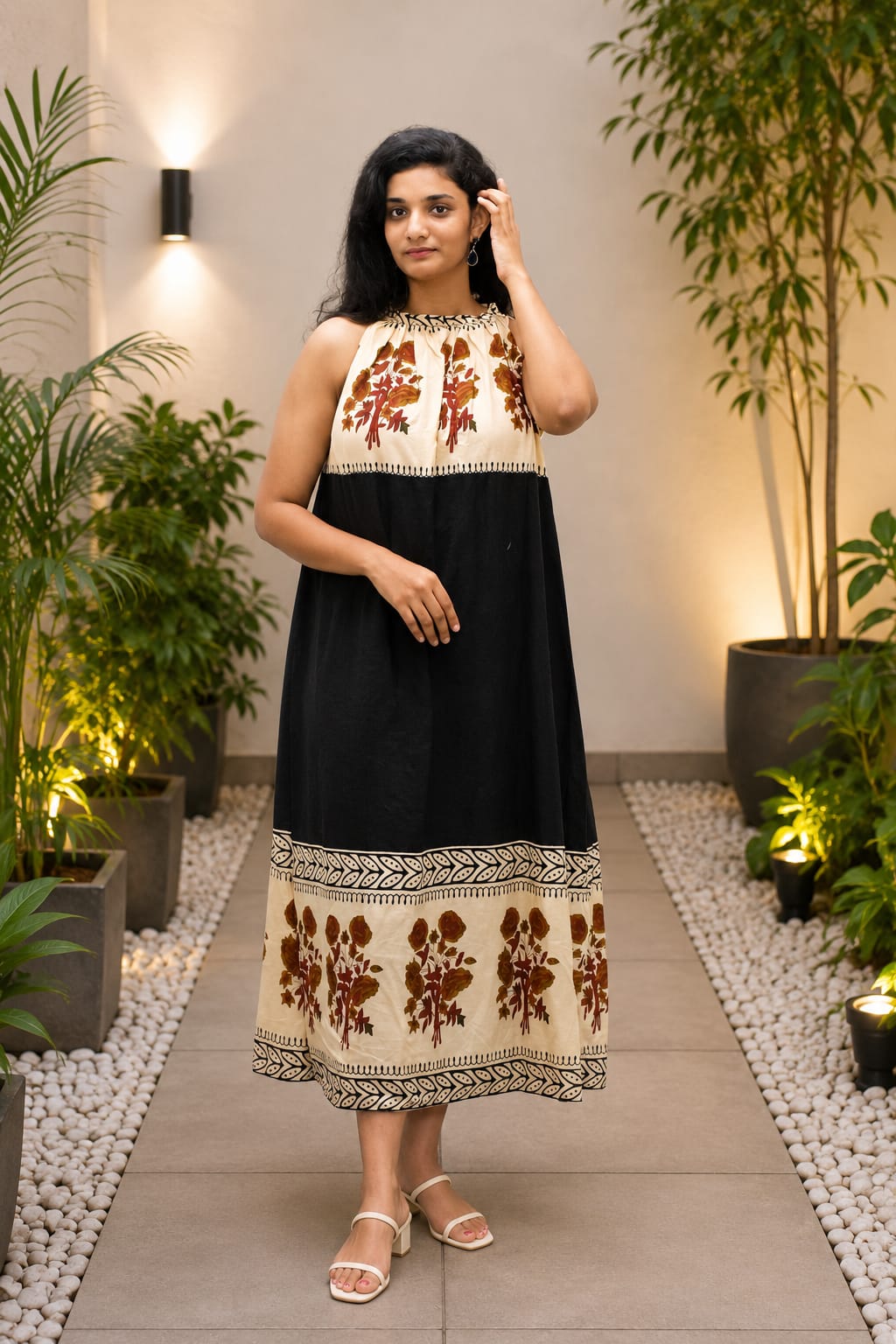 Midi Dress with Floral Panels in the Yoke and Bottom
