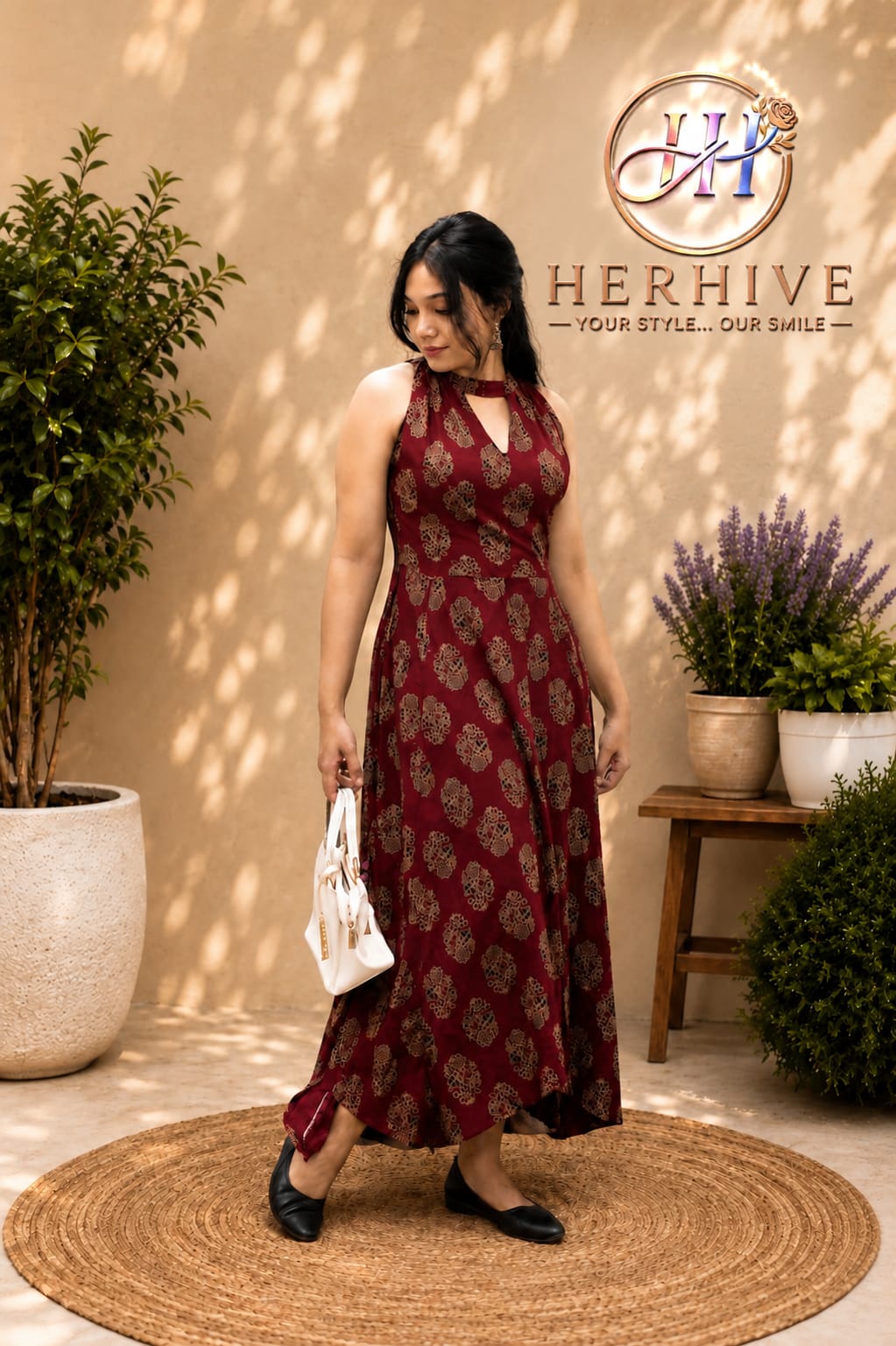 Maroon Halter neck-Flared Dress