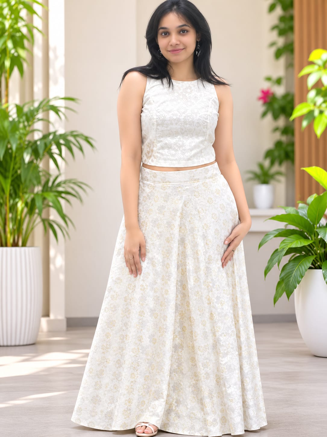 Ivory Chanderi Brocade Crop Top and Umbrella Skirt