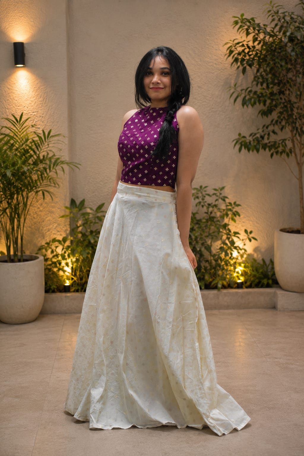 Wine red crop top and Ivory Umbrella Skirt Set