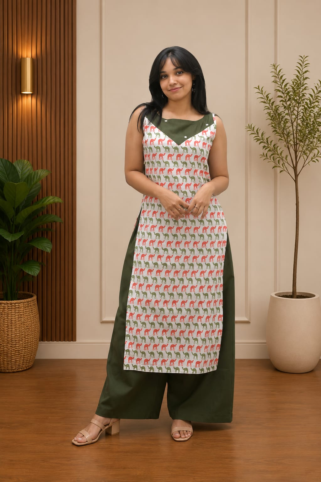 Elegant olive green and off-white cotton kurti set