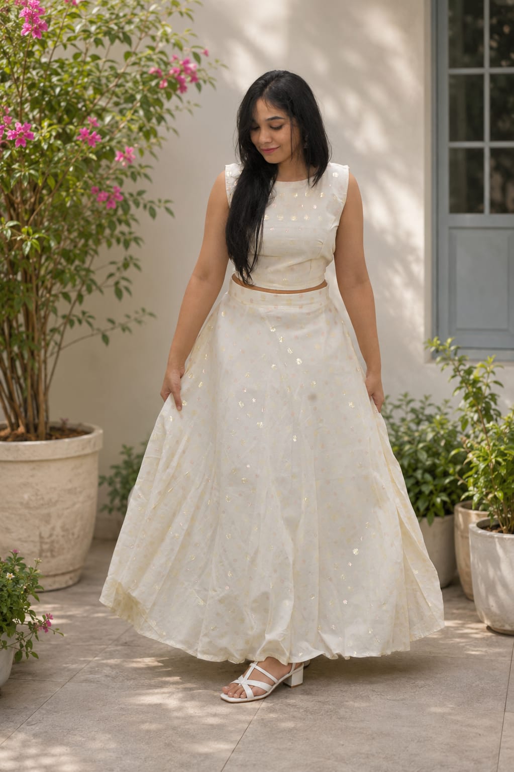 Ivory crop top and umbrella skirt Set