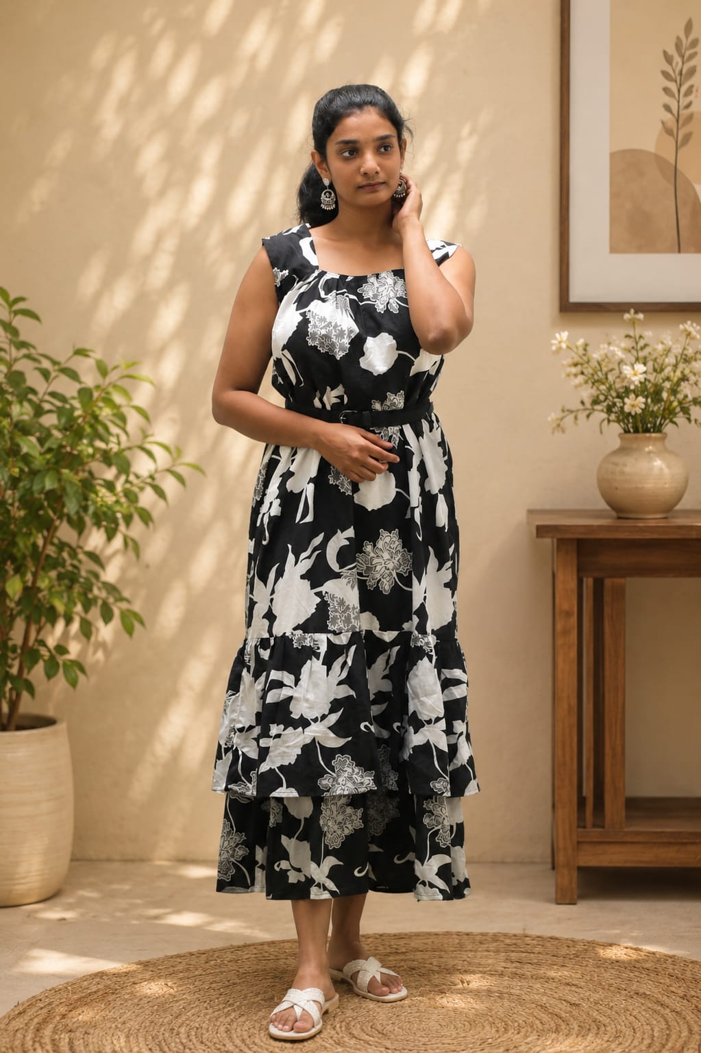 Black and white floral printed square neck tiered dress