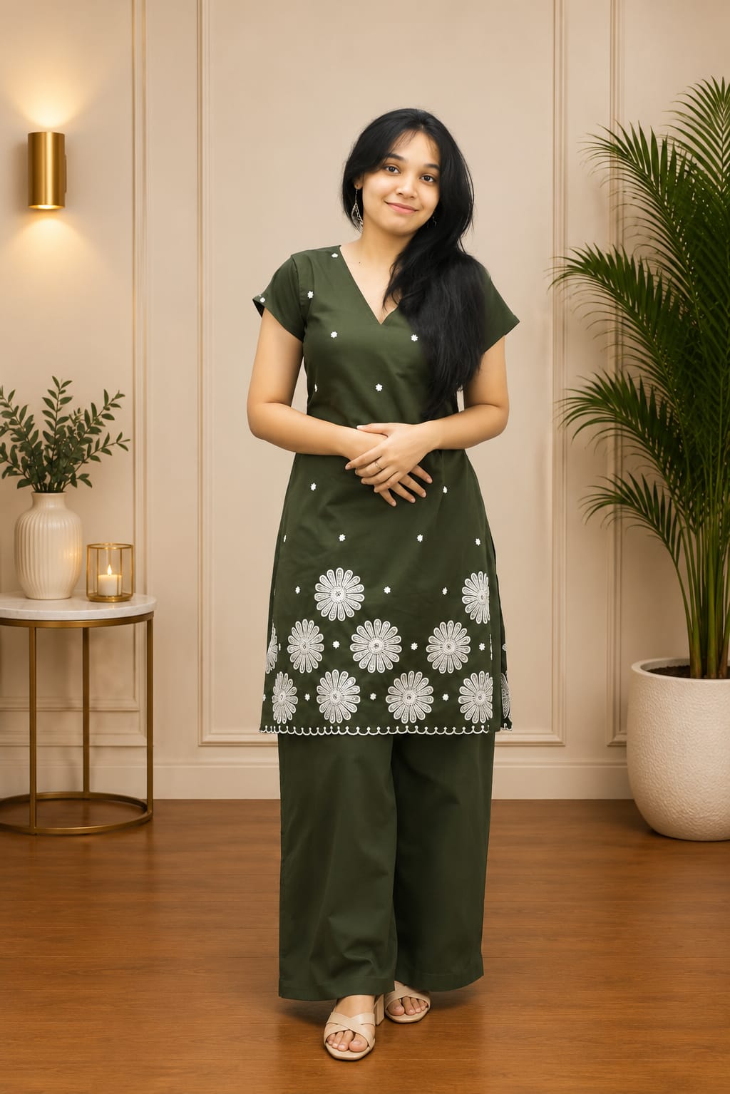 Olive green short Kurti and Palazzo