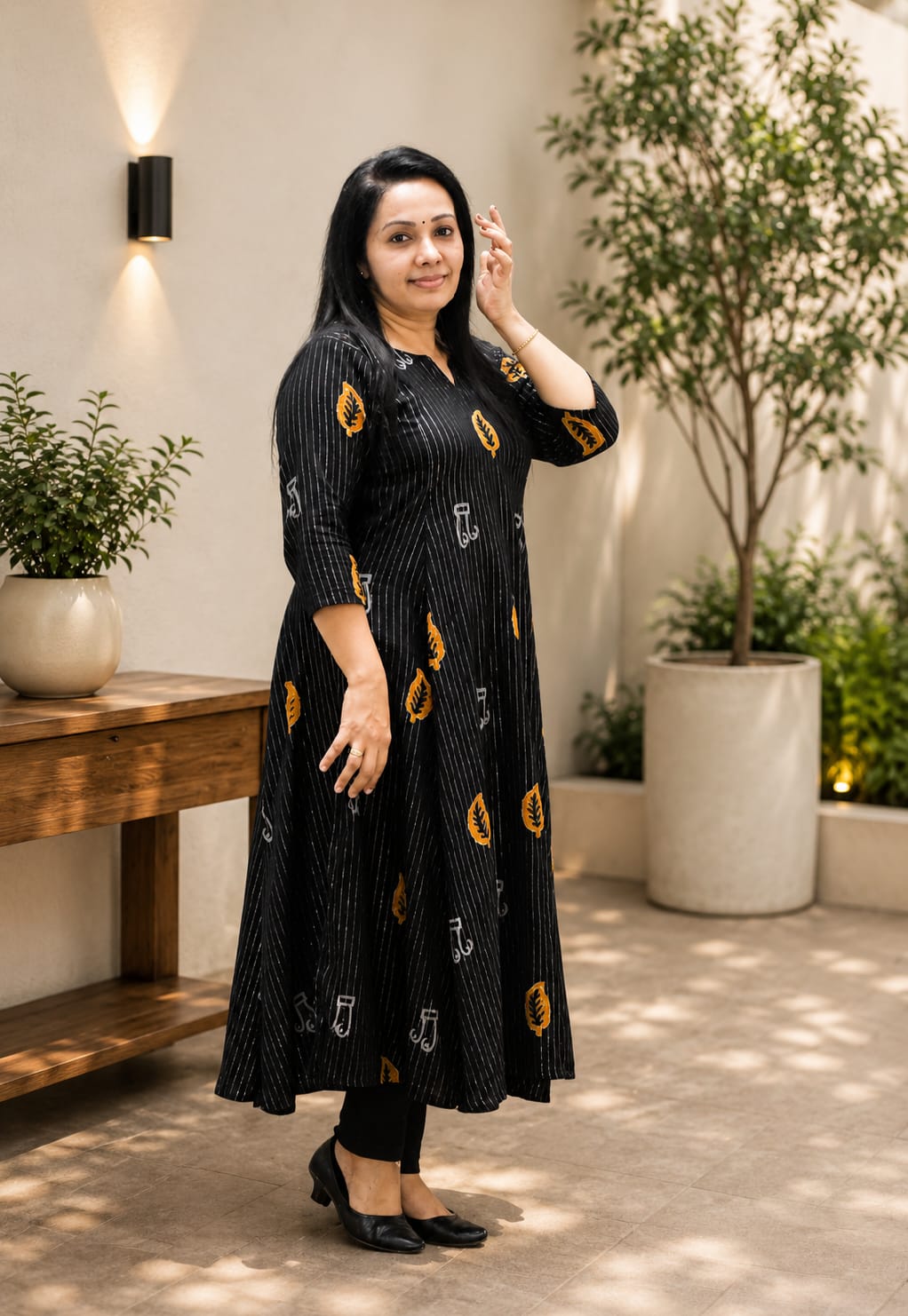 Midnight Leaf Printed Anarkali Dress