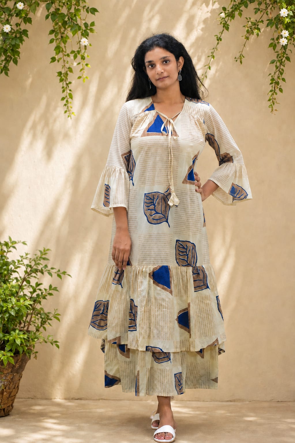 Beige Leaf Print Layered Dress
