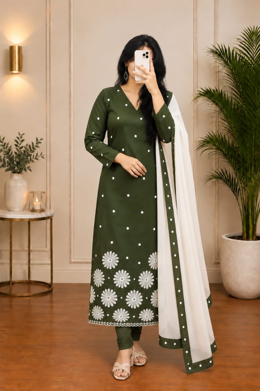 Olive Green Embroidered Straight Kurti Set